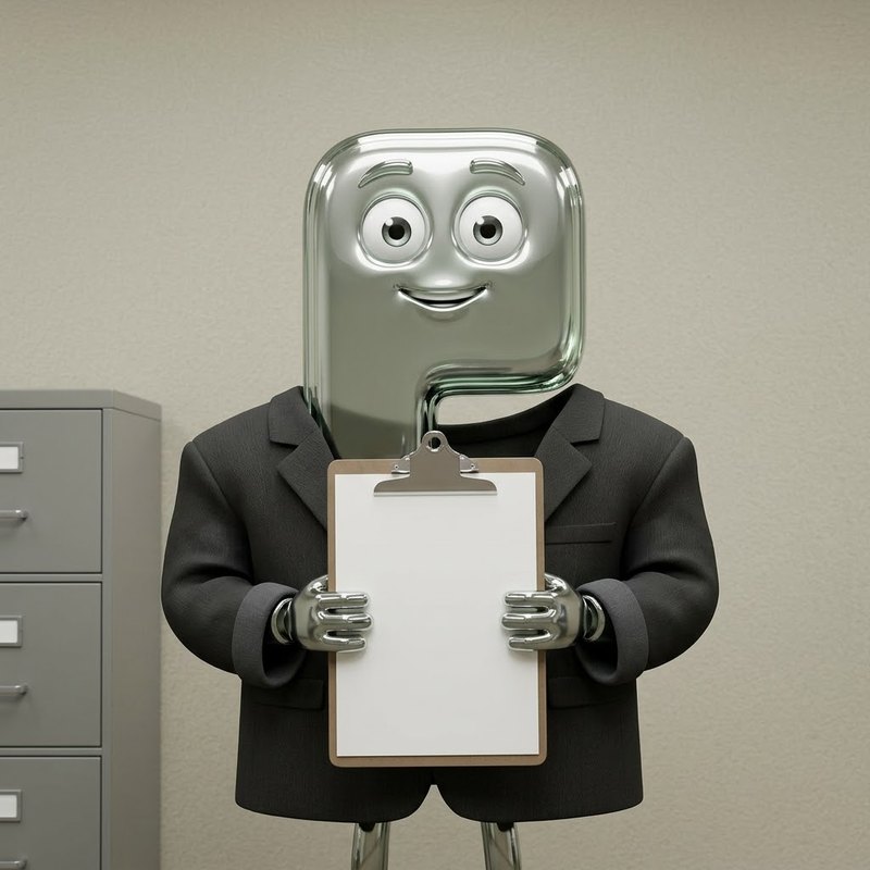 A chrome letter-P analyst in a dark suit holding a blank clipboard beside a filing cabinet