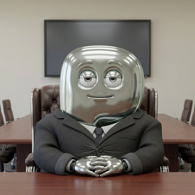 A wide chrome letter-P executive seated at a boardroom table with hands folded, a blank screen behind