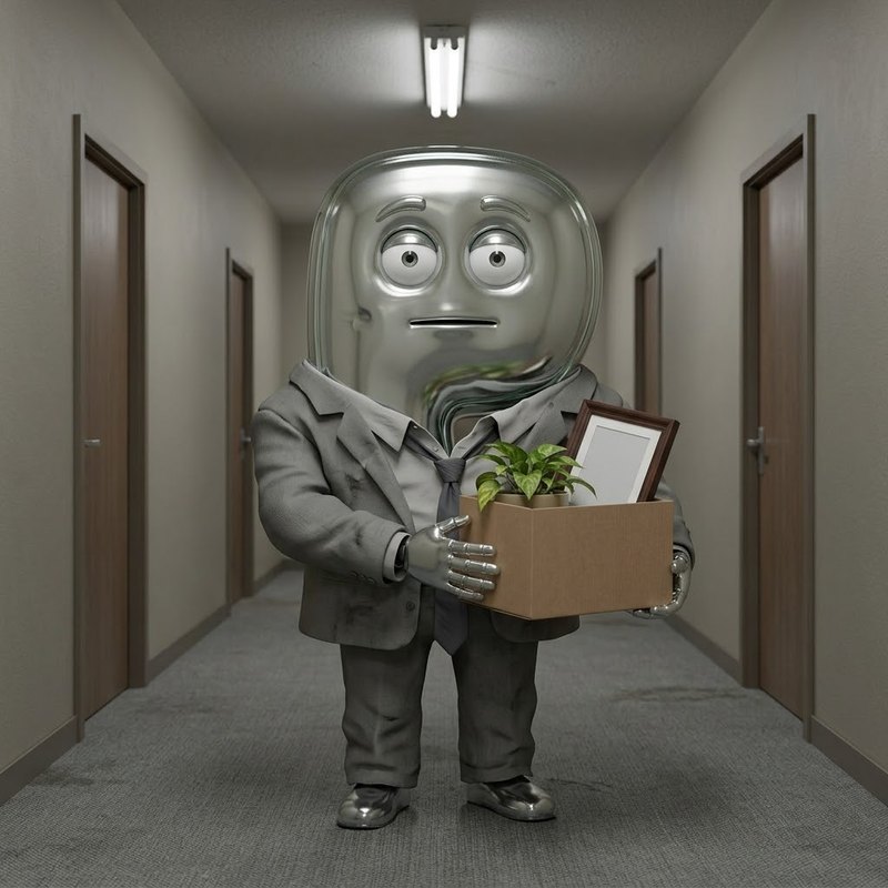 A chrome letter-P figure in a rumpled suit carrying a cardboard box with a plant and a blank frame down an office corridor